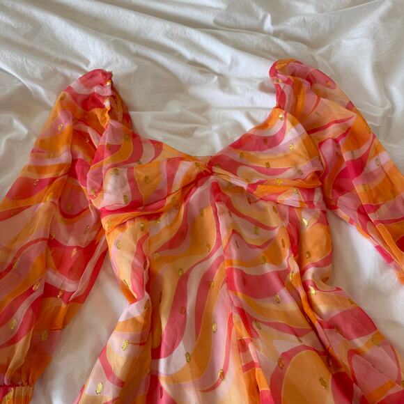 ASOS DESIGN Petite Metallic Flare Mini Dress Swirly Print Strappy Back Size 8 - Picture 4 of 8